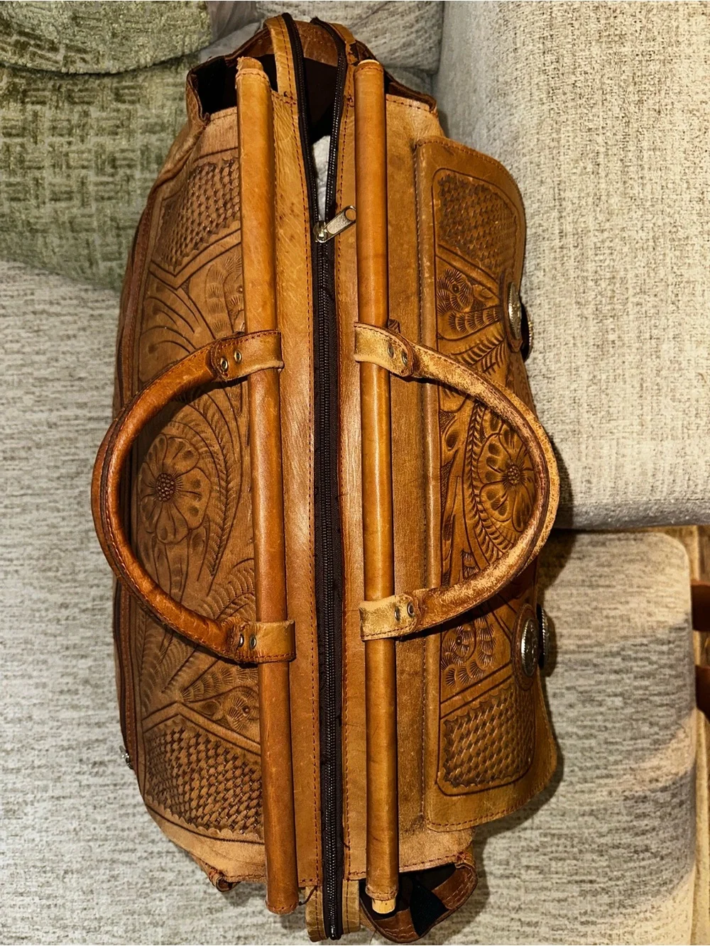 Leather Tooled Satchel Messenger Bag - Brown